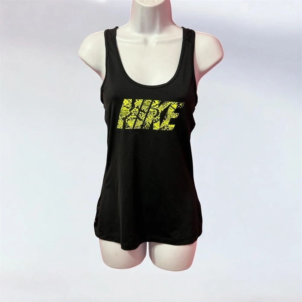 Nike Women's Black and Yellow Graphic Tank Top size S